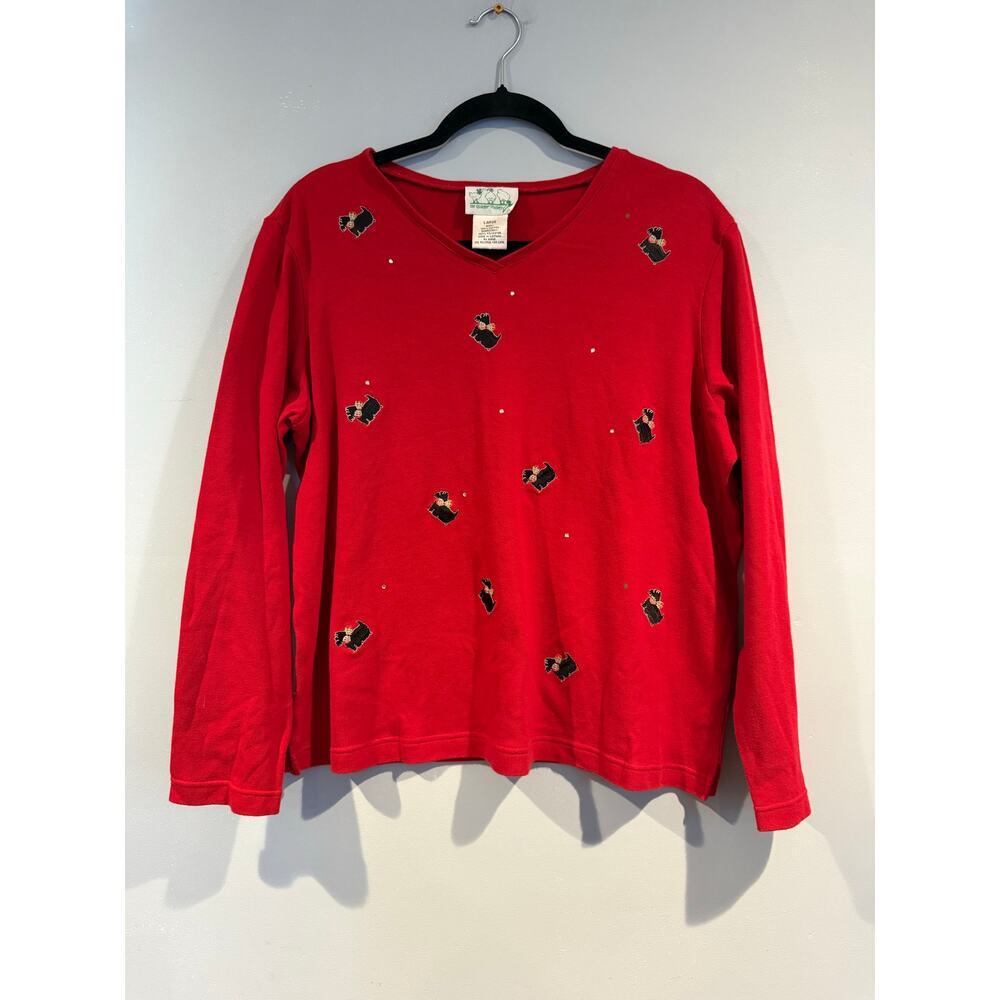 Quacker Factory Red Holiday Scottie Dog Embellished Top – Size Large